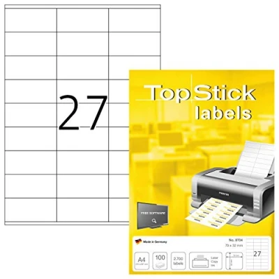 Imagen de TopStick 8704 etiquetas autoadhesivas universales A4 pequeño (70 x 32 mm, papel) 100 hojas, 27 por hoja, 2700 etiquetas, para impresoras inkjet y láser