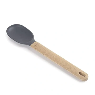 Imagen de Lacor 68185 Cuchara Lisa Silicona Unite, Cucharón para Servir, Mango, Daña la Sartén, Resistente a Altas Temperaturas, Libre de BPA, 32x6.7x10 cm, Gris y Color Madera