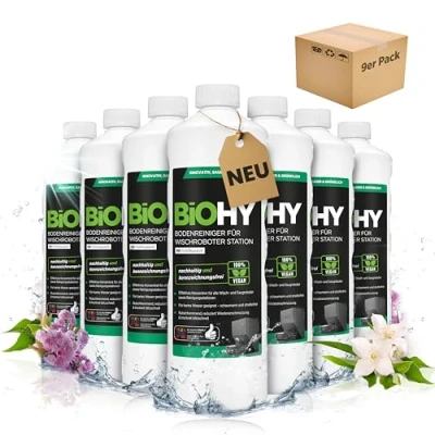 Imagen de BiOHY limpiador de suelos para robot estación con aroma primaveral (9 x 1 litro) Detergente concentrado todos los robots limpiadores y aspiradores función húmeda Poco espuma