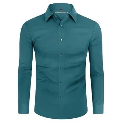 Imagen de DEMEANOR Camisa para hombre, elástica, manga larga, informal, corte ajustado, camisas de negocios, no necesita planchado, turquesa, S