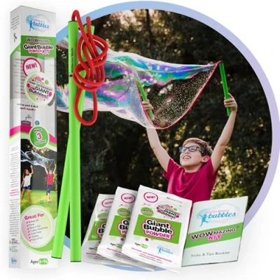 Imagen de WOWMAZING Kit De Pompas Grande Incl. Gran Varita Pompas, 2 Polvo Packs Burbujas Gigante Y Folleto Consejos Trucos Jabon Juguete Al Aire Libre