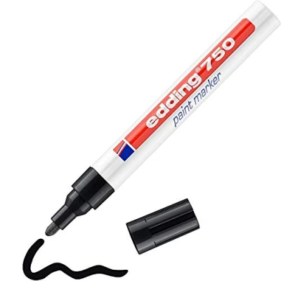 Imagen de edding 750 marcador de tinta opaca negro 1 rotulador punta redonda 2 4 mm para metal, vidrio, piedras o plástico resistente al calor, permanente, no mancha, impermeable