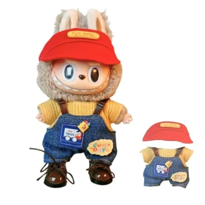 Imagen de Labubu Ropa para Muñeca de 17cm. Conjunto y Accesorios Peluche, Camiseta Amarilla, Peto Vaquero Visera roja (Peluche no Incluido).