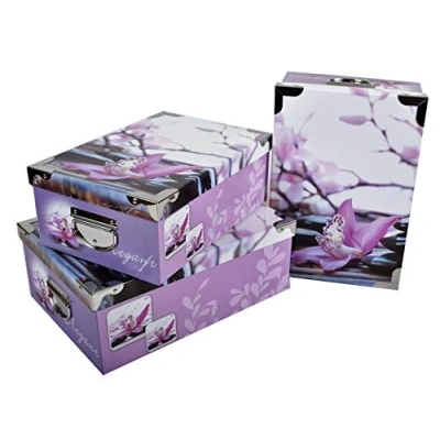 Imagen de 2J Juego de 3 Cajas cartón con Tapa Impresa orquídea y Guijarro ángulos Asas Metal. Tamaños: 31.5x22x12, 33.5x23x13, 36x25x13.5 cm