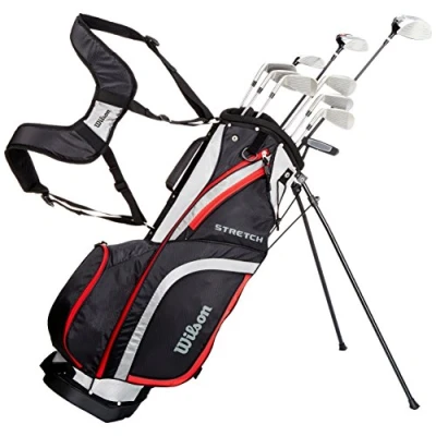Imagen de Amazon Exclusive Wilson, Set completo para principiantes, 10 palos de golf medida extendida (1 pulgada) con bolsa transporte, Hombre (mano derecha) Stretch XL, Negro/Gris/Rojo, WGG157549