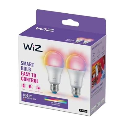 Imagen de WiZ Lote de 2 bombillas conectadas Wi Fi color, equivalente a 60 W, casquillo E27, funciona con Alexa, Google Assistant