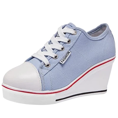 Imagen de ANUFER Mujer Tacón de Cuña con Cordones Lona Zapatos Deportivos Alpargatas SN02435 Azul EU38