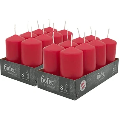 Imagen de Hofer Velas pequeñas pilar Juego de 16 rojas sin perfume 4,5 x 9 CM decorativas 15 horas combustión prolongada Cera color goteo Mecha humo