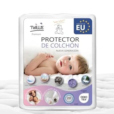 Imagen de Twillie Protector de Colchón 80 x 160 cm Impermeable Hecho en Europa Oeko Tex® Aegis® Transpirable Hipoalergénico, Anti Bacteriano, Acaros Cubre 100% Polialgodón Blanco