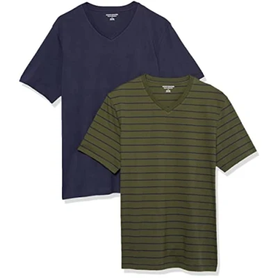 Imagen de Amazon Essentials Camiseta de manga corta, cuello pico, corte recto (disponible en tallas grandes y largos especiales) Hombre, Pack 2, Azul Marino/Rayas/Verde Oliva, M