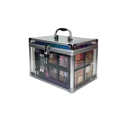 Imagen de Maletín de Maquillaje Colour Delights Beauty Case The Color Workshop un Kit Profesional Completo en Mega Transparente con Bordes Exteriores y Asa Metalizados