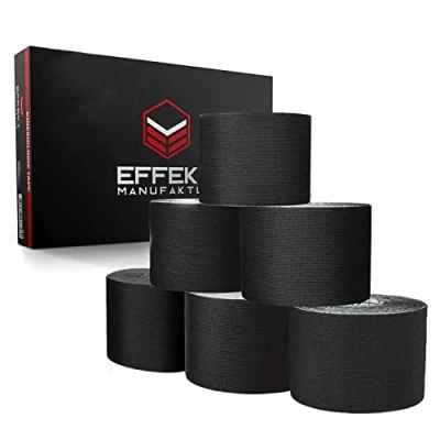 Imagen de Cintas de kinesiología Effekt 5 m x cm 6 rollos negros Vendaje kinesológico, elásticas, impermeables para el soporte muscular, recuperación lesiones, cinta médica y deportiva