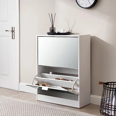 Imagen de [en.casa] Zapatero Estrecho Mueble Recibidor 2 Puertas Abatibles con Espejo máx. 12 Pares de Calzados Aglomerado 80 x 60 24 cm Blanco