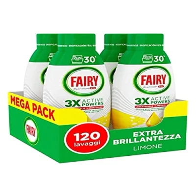 Imagen de Fairy Detergente para lavavajillas en gel líquido, 120 lavados, paquete de 4 botellas, platino limón, aporta brillo extra al lavavajillas, combina limpieza y frescura