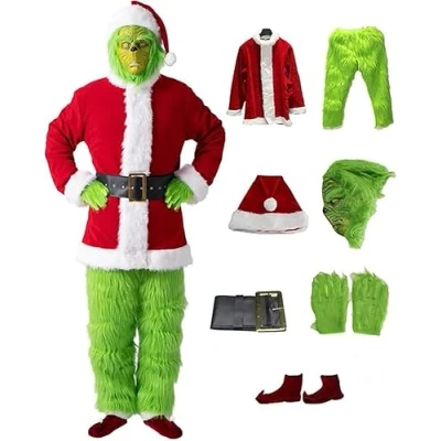 Imagen de LHBM Conjunto De 7 Disfraces Papá Noel, Incluye Máscara Grinch, Traje Monstruo Verde Para Adultos, Disfraz Cosplay Fiesta Navidad, Carnaval, Navidad 3XL