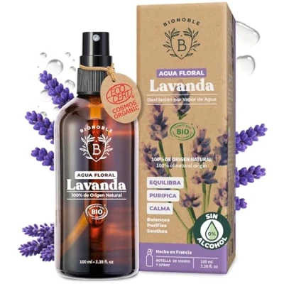 Imagen de BIONOBLE Hidrolato de Lavanda Orgánico Calma, Purifica y Regula el Acné Agua para Rostro, Cuerpo Cabello 100% Origen Natural, Sin Alcohol Botella Vidrio con Spray 100ml