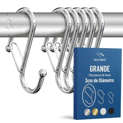 Imagen de Blau Marité 6 Ganchos en Forma de S con Sistema Anticaída. Largo: 10 cm. para Barras hasta 3cm diametro. Ayuda la organización y almacenaje del hogar. (Plata,Grande)