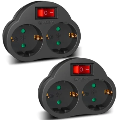 Imagen de EXTRASTAR 2 en 1 Adaptador con Interruptor y Enchufes Schuko, de Regleta, hasta Carge 3680W, 16A/250V , Negro, 2Pcs