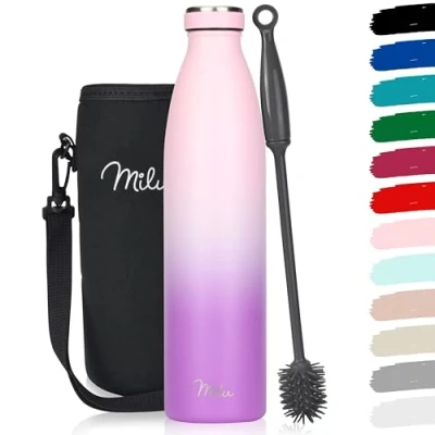 Imagen de Milu botella de acero inoxidable 350ml 500ml 750 ml 1 L 1,5 agua aislada, termo a prueba fugas, doble pared, apta para ácido carbónico + cepillo limpieza (Violeta Rosa, 1L)