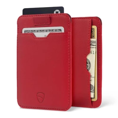 Imagen de Vaultskin Chelsea Billetera de Cuero Minimalista y Delgada para Hombres con Bloqueo RFID. Pequeño Tarjetero Bolsillo Delantero Protección Antirrobo Segura (Rojo Carmesí)