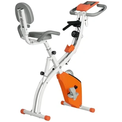 Imagen de HOMCOM Bicicleta Estática Plegable Regulable en Altura Resistencia Magnética Ajustable de Ejercicio Fitness con Pantalla LCD y Asiento Respaldo Sensor Pulso 105x48x118 cm Naranja