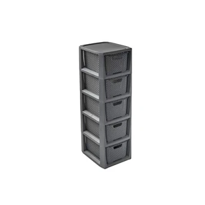 Imagen de BranQ Home essential Estantería en diseño de ratán, plástico Polipropileno 100% Reciclado, ecológico, Color Antracita, 29,5 x 24 80 cm, 5 cestas