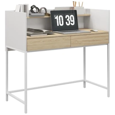 Imagen de HOMCOM Escritorio Moderno Mesa de con 2 Cajones y Estante Estudio para Oficina Dormitorio 106x51,5x102,5 cm Blanco Roble