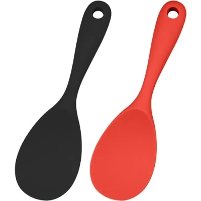 Imagen de 2 Piezas Cuchara de Arroz Silicona, Antiadherente Arroz, Cucharas Servir, Mezclar Arrocera, Cocina Versátil, para Remover, (Negro, Rojo)