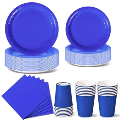 Imagen de Nkaiso 96 Piezas Azul Joya Vajilla Fiesta Cumpleaños, Platos y Vaso Cumpleaños Infantil, Set de Party Decoración Desechable Servilletas para Navidad, Barbacoas, Fiestas 24 Invitado