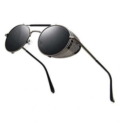 Imagen de RONSOU Steampunk Estilo Redondas Vintage Gafas de Sol Retro UV400 Protección Metal Marco gris marco/gris lente