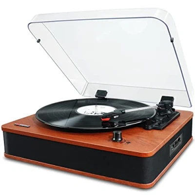 Imagen de VOSTERIO Tocadiscos de Vinilo 3 Velocidades con Altavoces estéreo, Vintage Giradiscos Bluetooth, RCA, USB y Lector para Convertir Discos a Archivos Digitales, Acabado en Madera