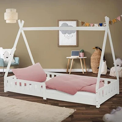 Imagen de ML Design Cama Infantil Tipi Color Blanco 200x90 Cm Protección Anticaída Y Somier Estructura Listones De Madera Pino Maciza Forma Casa Mobiliario Juego Tienda Campaña para Niños