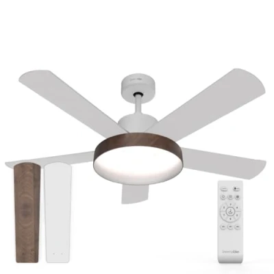 Imagen de UNIVERSALBLUE Ventilador de Techo con Luz LED Silencioso Mando a Distancia 5 Aspas Reversibles Diámetro 122 cm Potencia 60 W Temporizador Motor DC 6 Velocidades Blanco o Madera