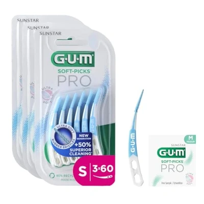 Imagen de GUM SOFT PICKS PRO palillos interdentales forma curvada para facilitar el acceso a zonas complicadas acción suave las encías sensibles [S 3x60] (+1 muestra extra)
