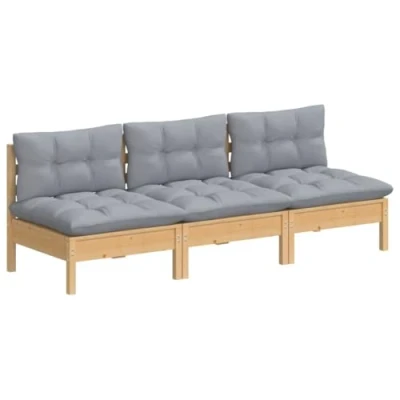 Imagen de vidaXL Sofá de Jardín 3 Plazas con Cojines Patio Terraza Exterior Hogar Silla Asiento Muebles Mobiliario Suave Robusto Gris Madera Maciza Pino