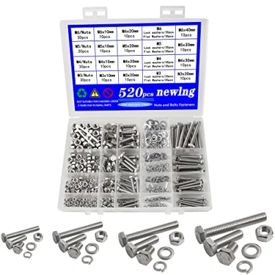 Imagen de newlng 520pcs M3 M4 M5 M6 Tornillos de Cabeza Hexagonal con Arandela Plana y Surtido Tuercas Paquete Pernos Hexagonales Acero Inoxidable 304 Arandelas