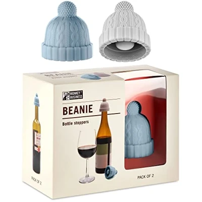 Imagen de Monkey Business: Set de 2 Tapones Vino con Forma Gorro Tejido, Accesorios Divertidos, y Champán Pompones, Botellas
