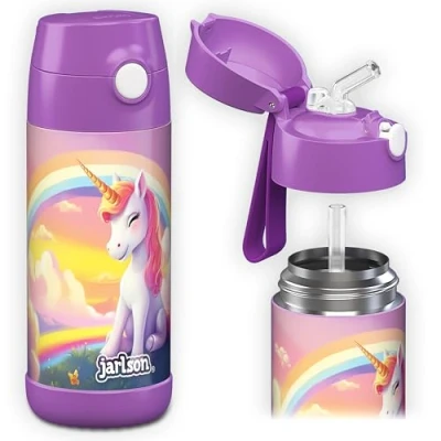 Imagen de JARLSON® botella Agua niños con pajita CHARLI, Botellas Acero Inoxidable termica, sin BPA, a Prueba de Fugas, para la Escuela y Deportes, el Termo, 350 ml