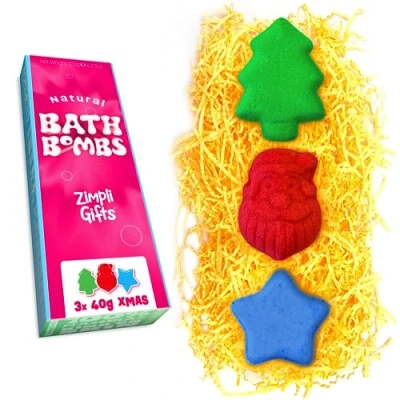 Imagen de Juego de 3 bombas baño navideñas Zimpli Gifts, relleno calcetines navideños para mujeres y niños, vaporizadores baño, set regalo belleza spa