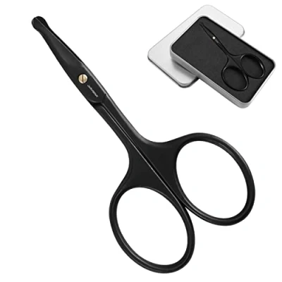 Imagen de JARVISTAR Tijeras para el pelo de la nariz, los oídos barba Punta curvada acero inoxidable redondeada, cejas Hombres, 9,5 cm Negro