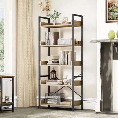 Imagen de YITAHOME Librería de 5 Niveles, Estantería Industrial para Libros Piso, Estante Madera y estanterías con Marco Acero Estable 4 Ganchos Sala Estar, Oficina en casa, Roble