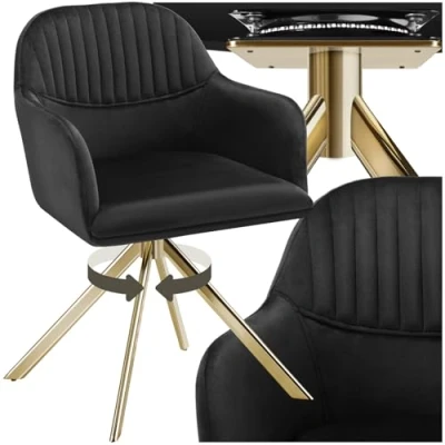 Imagen de TecTake® Silla Giratoria Tapizada con Respaldo Continuo, Patas de Acero Giratorias 360º, Dormitorio, Butacas Salon, Sillas Comedor, Comedor Nordica 1 Negro/Oro