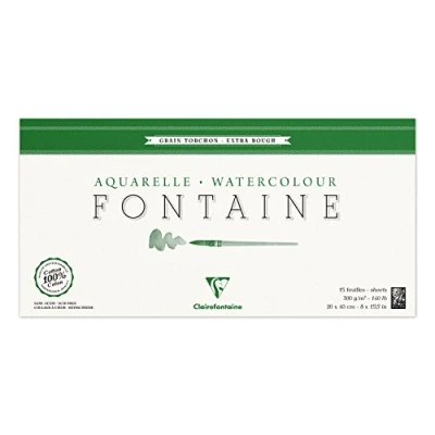 Imagen de Clairefontaine Ref 96438C Fontaine Extra Rough Acuarela Pegada (15 hojas) Tamaño 20 x 40 cm, Papel 300 g/m² Apto para acuarelas
