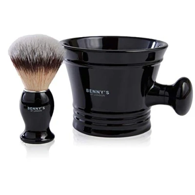 Imagen de Shaving Brush &amp; BOWL GIFT SET FromBenny&#039;s of London with the Acrylic Black Mug for Lathering Shave Soap and Cream