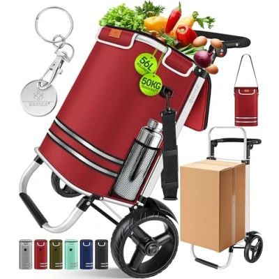 Imagen de KESSER® Carro de la compra plegable con capacidad 56 l y soporta hasta 50 kg, carretilla 3 en 1 bolso bandolera, plegable, compartimento frigorífico ficha para compra, color rojo burdeos