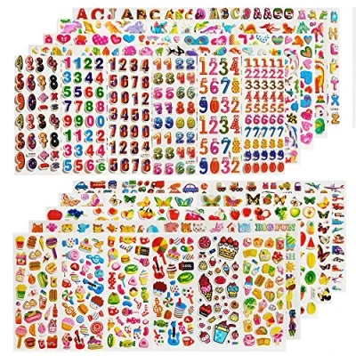 Imagen de 60 hojas (1800+) de pegatinas para niños, 3D hinchadas álbum recortes Bullet Journal, que incluye letra, pez, número vehículo, corazón, fruta, dinosaurio, mariposa, postre, animal