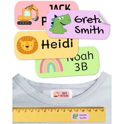 Imagen de Etiquetas para ropa SIN PLANCHAR resistentes a los lavados. Pegatinas personalizadas material escolar. Adhesivas niños, guardería y colegios. (Formas, 100 Etiquetas)