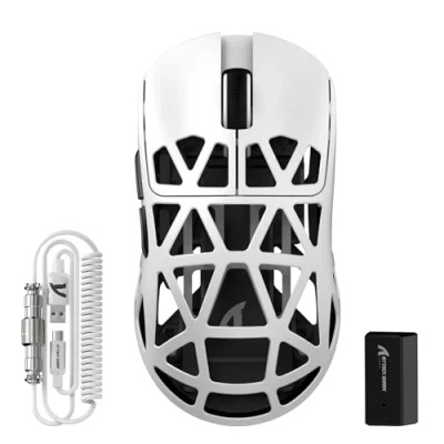 Imagen de ATTACK SHARK R2PRO 45g Superlight Ratón de Aleación Magnesio, Sensor PixArt PAW3950, 42000DPI Ultraligero Mouse, 8000Hz Sondeo inalámbrico, Cableado/2,4G/BT, con Cable en Espiral, PC/Mac, Blanco