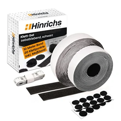 Imagen de Hinrichs Set de Belcro Adhesivo Doble Cara Fuerte Negro 1 Cinta Gancho y Bucle 10 m x 2 cm + 20 Almohadillas Ø para Tela Velcade Taller, Hogar Oficina