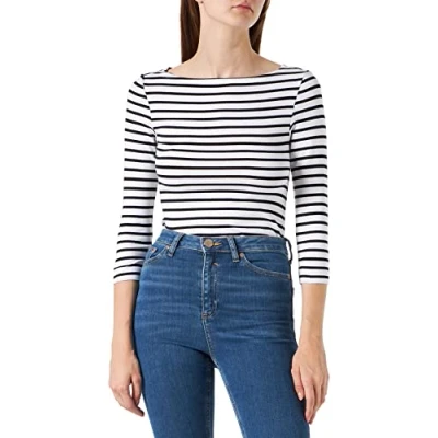 Imagen de Amazon Essentials Camiseta de Manga 3/4 y Escote Barco Corte Estrecho Mujer, Blanco Rayas, XXL